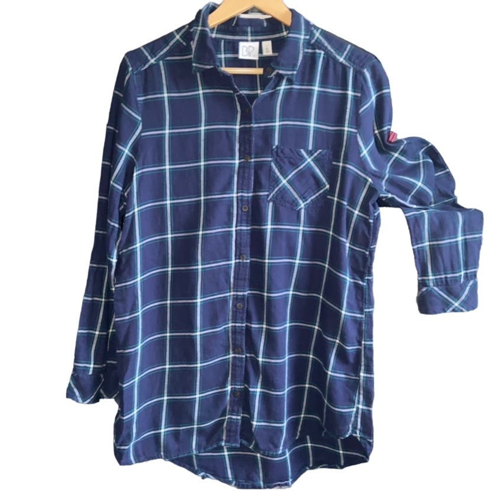 BP. Women's Blue Plaid Button Front Shirt Blouse Long Size Large !